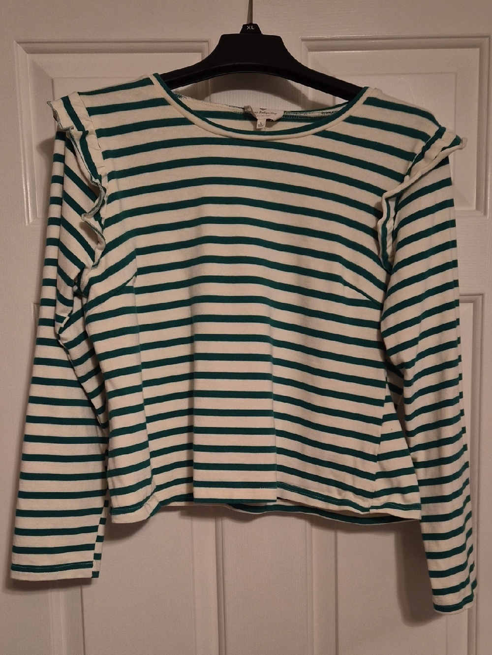 Striped Ruffle-Shoulder Long Sleeve Tee - Green & White